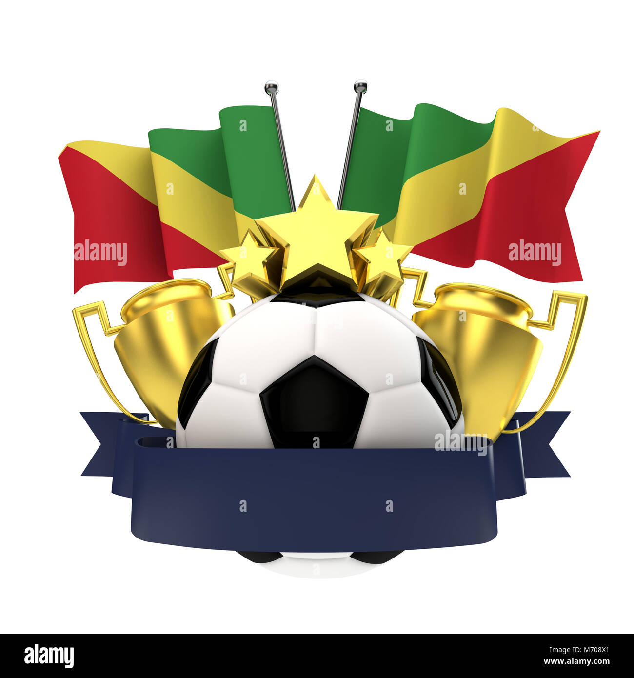 Repubblica del Congo bandiera calcio vincitori emblema con trofeo, stelle, la sfera e il nastro. Il rendering 3D Foto Stock