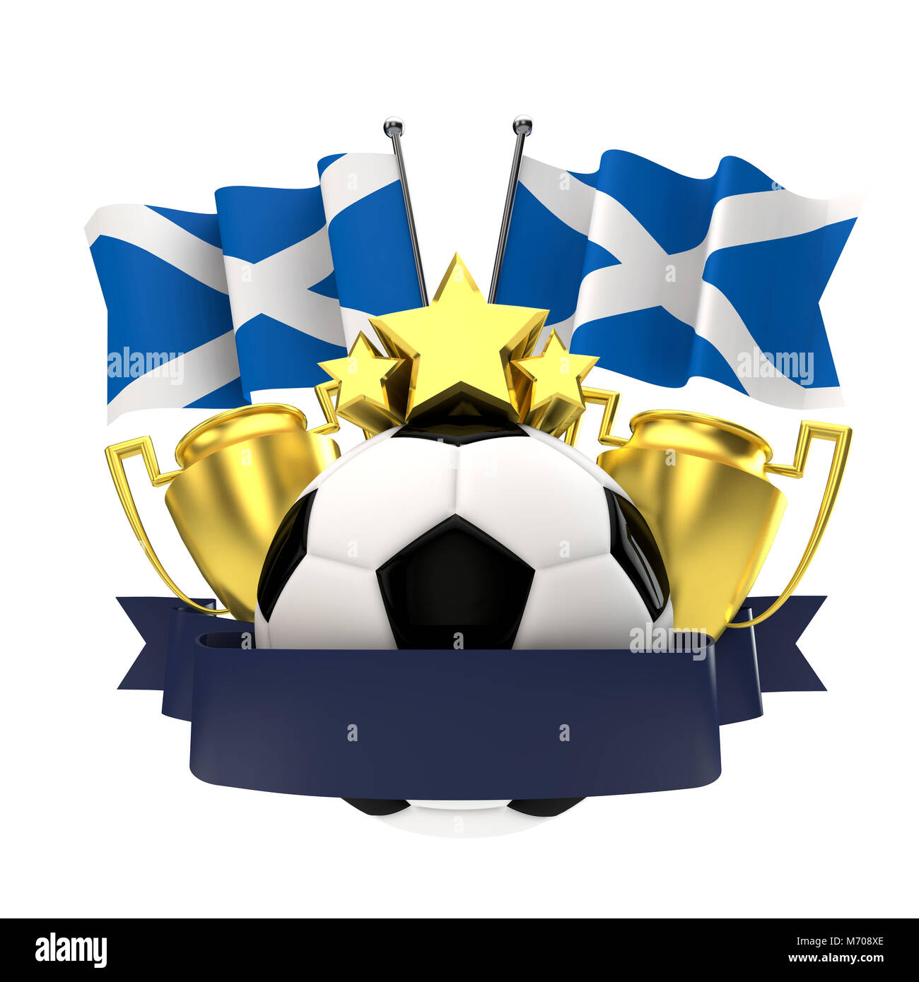 Scozia bandiera calcio vincitori emblema con trofeo, stelle, la sfera e il nastro. Il rendering 3D Foto Stock