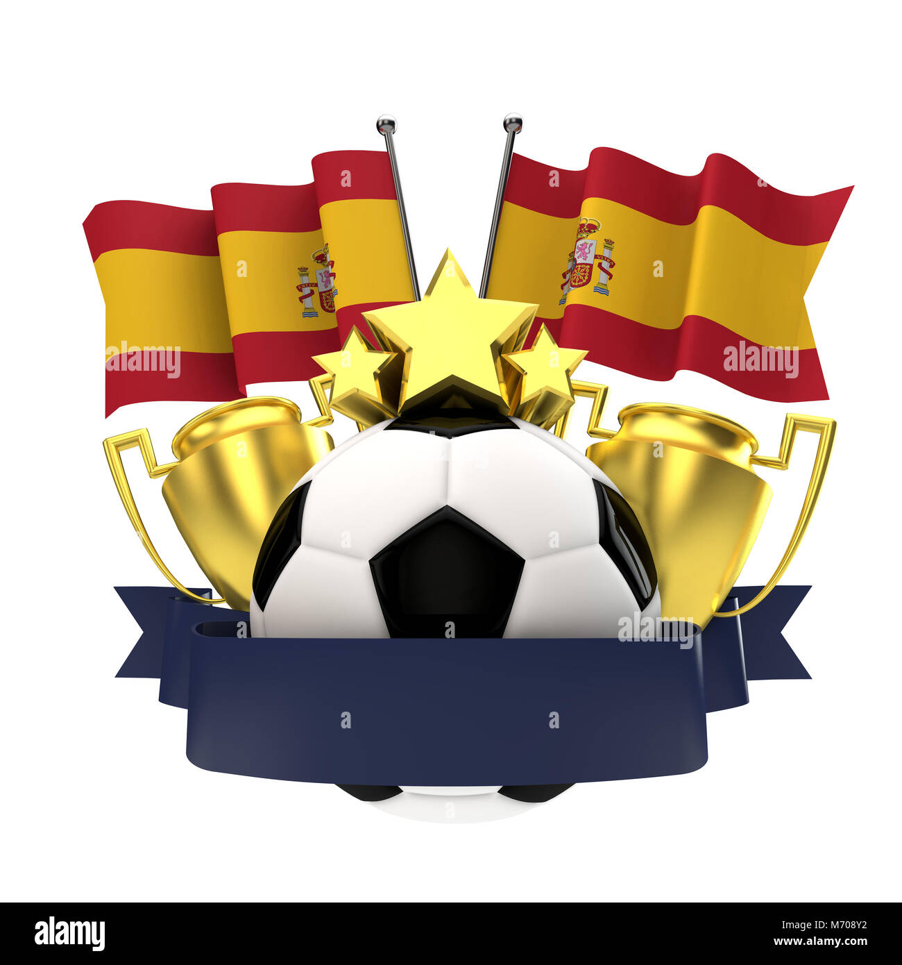 Bandiera della Spagna football vincitori emblema con trofeo, stelle, la sfera e il nastro. Il rendering 3D Foto Stock