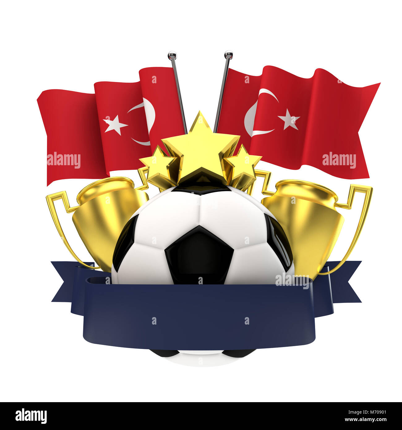 Bandiera della Turchia calcio vincitori emblema con trofeo, stelle, la sfera e il nastro. Il rendering 3D Foto Stock