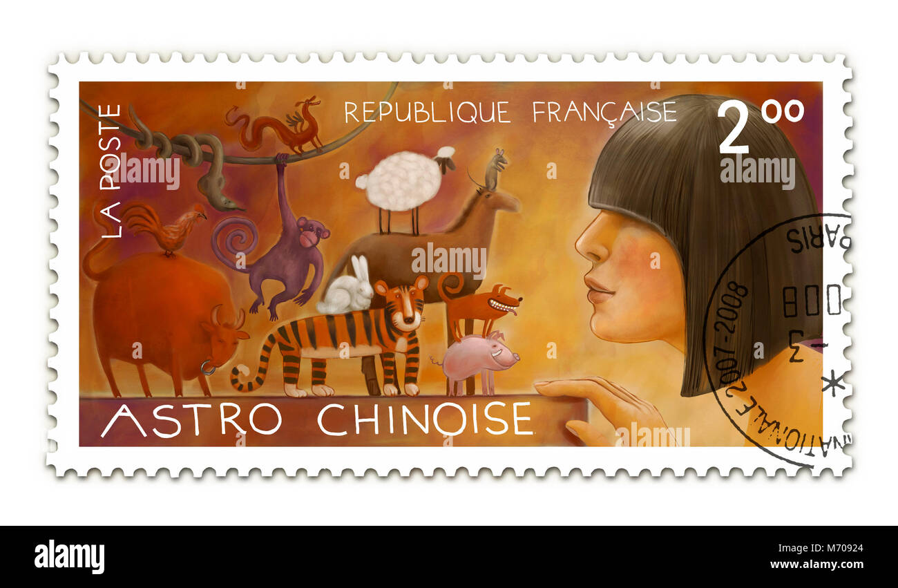 Il disegnati a mano il timbro postale oroscopo cinese con una illustrazione di una giovane donna guardando i piccoli animali, i simboli dello zodiaco cinese. Foto Stock