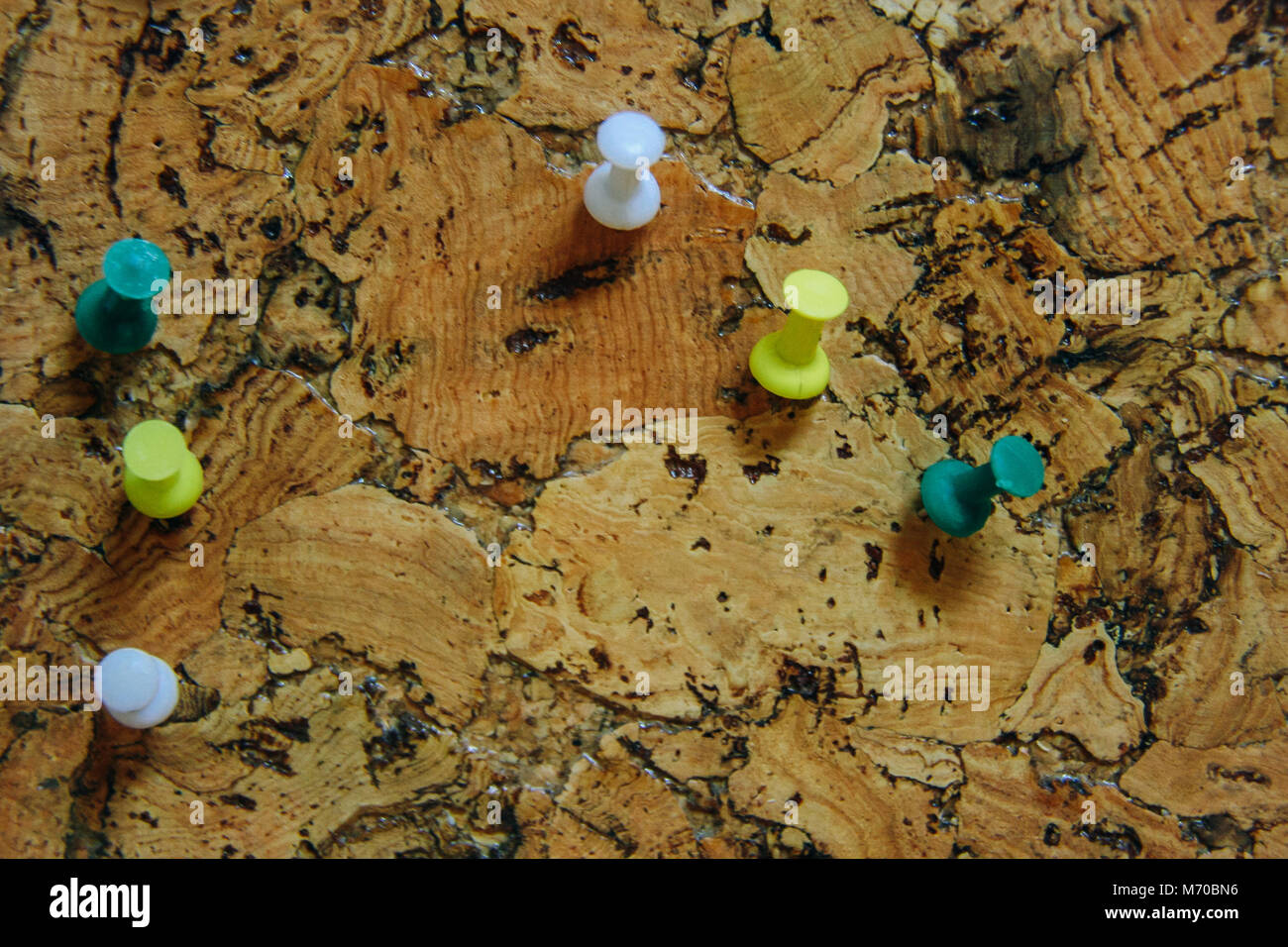 Close up roup di colore thumbtacks imperniata sulla bacheca in ufficio Foto Stock