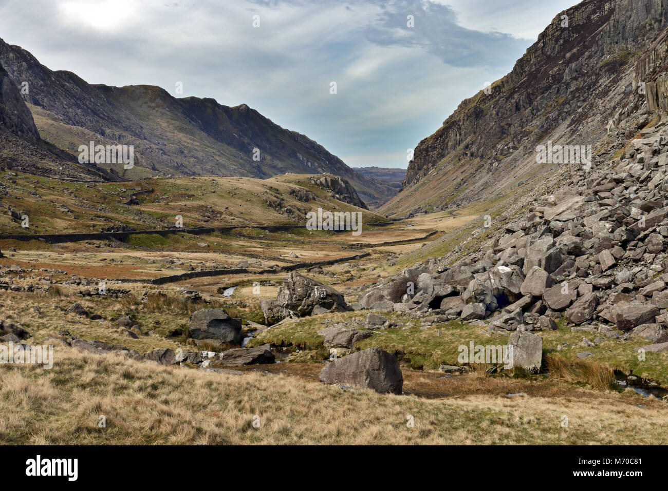 Llanberis Pass si trova tra la Snowdon e Glyderau gamme della montagna nel Parco Nazionale di Snowdonia. Questa parte del parco è in Gwynedd, Galles. Foto Stock