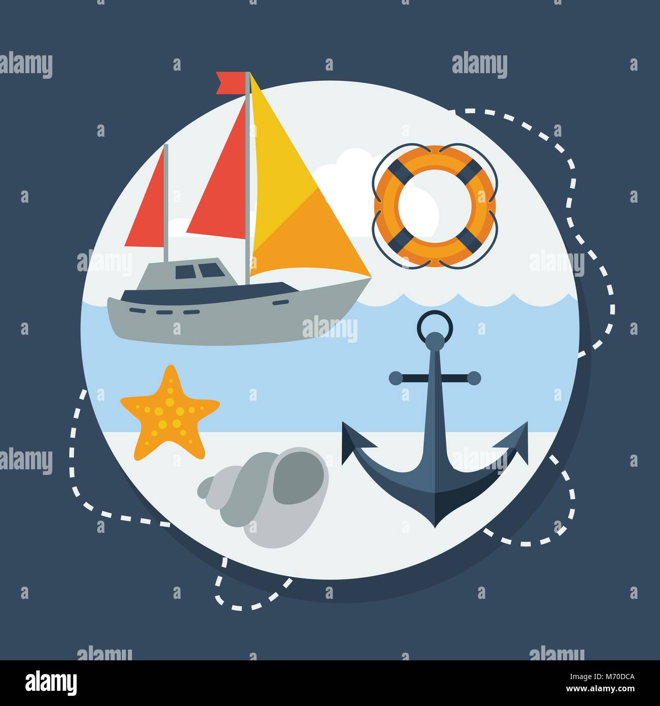 Carta con simboli marini in flat uno stile di design Illustrazione Vettoriale