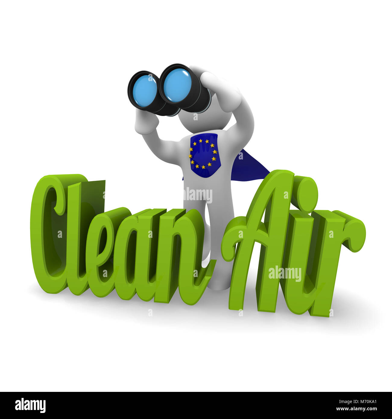 Concetto di ricerca europeo super eroe con il binocolo e le parole aria pulita, rendering 3D Foto Stock