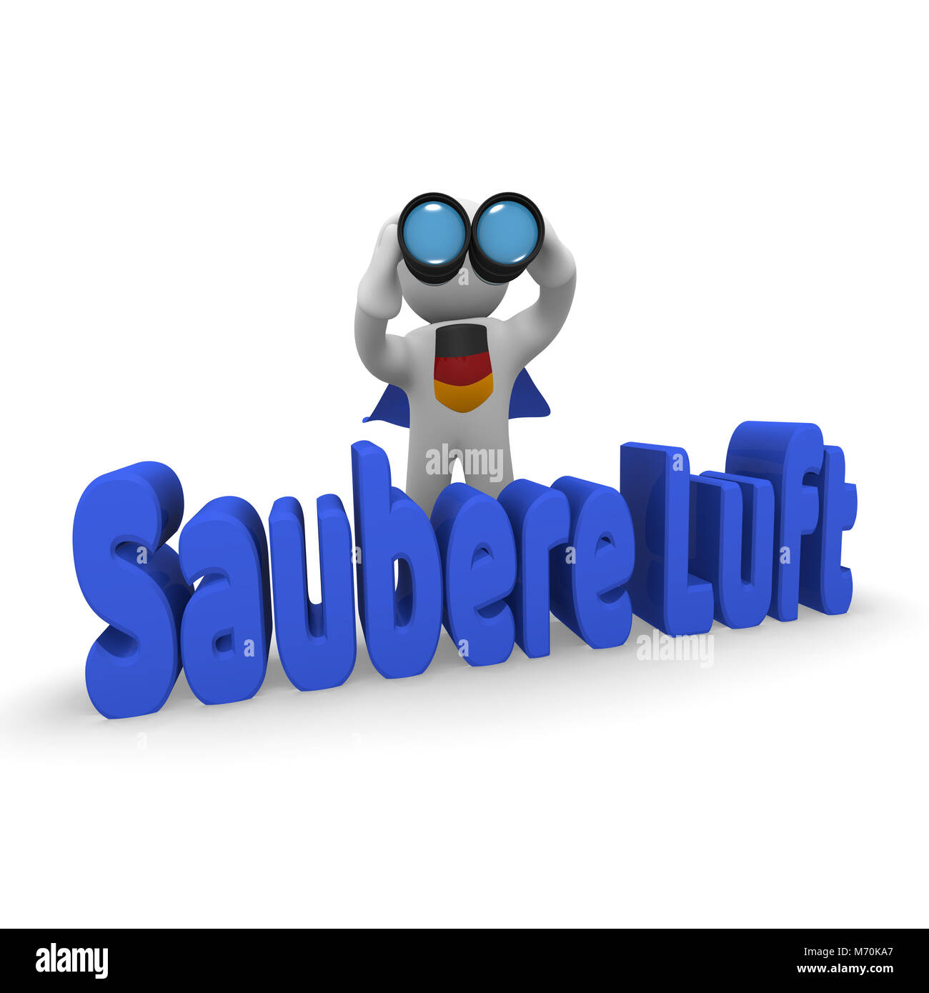 Concetto di ricerca super eroe con il binocolo e parole tedesche aria pulita, rendering 3D Foto Stock