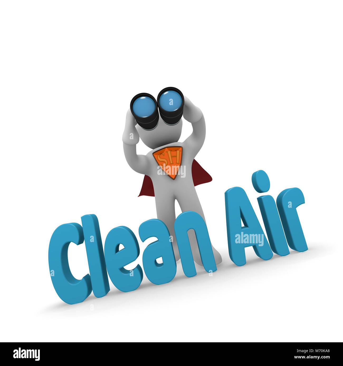 Concetto di ricerca super eroe con il binocolo e le parole aria pulita, rendering 3D Foto Stock