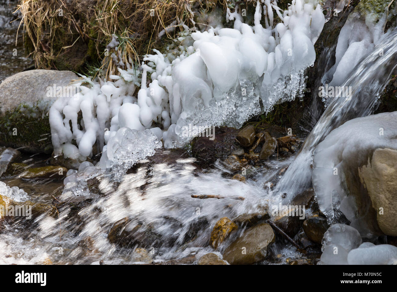 Modelli di ghiaccio e acqua che scorre nel fiume Dranse a Morzine in Haute Savoie sulle Alpi francesi Francia Foto Stock