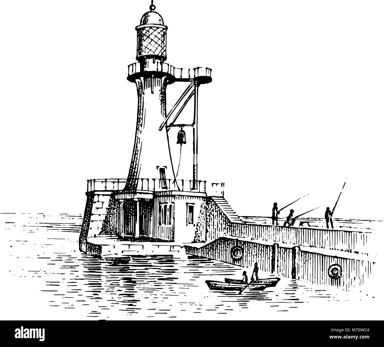 Faro e il mare. Schizzo di Marino, viaggio nautico e paesaggi marini. Illuminazione nell'oceano. incisi vintage, disegnati a mano, Atlantic onda di marea. Navigazione per le navi e yacht. Illustrazione Vettoriale