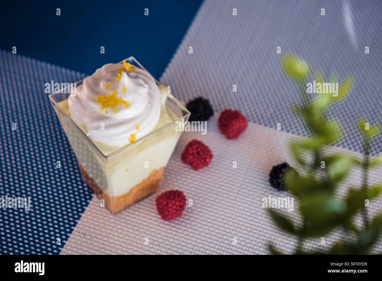 Mini torta al limone, tiramisù e Tres Leches cake con colorate caramelle e biscotti al cioccolato in una tovaglia rosa Foto Stock