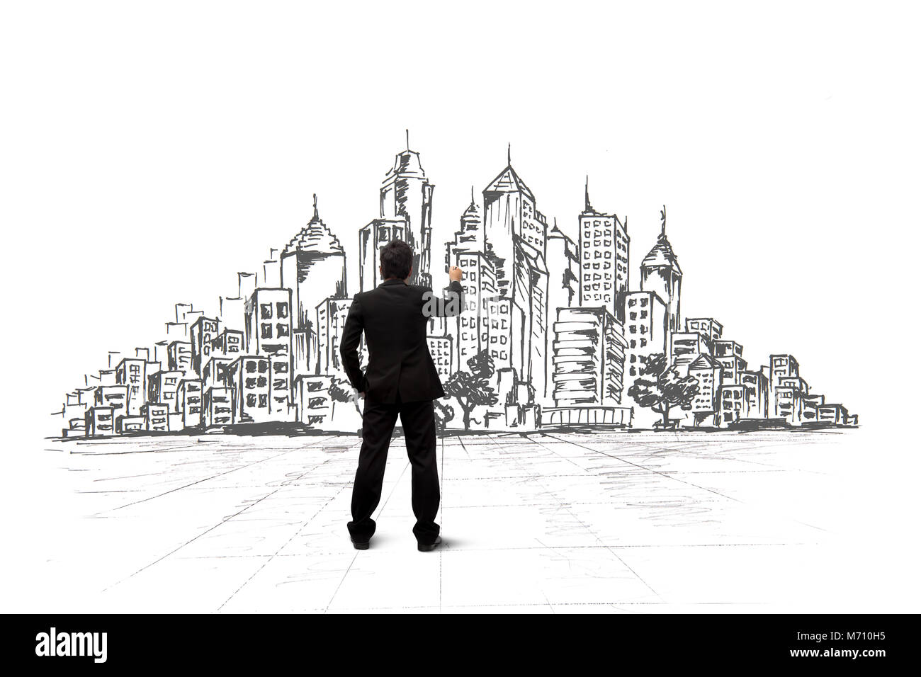 Architetto abbozzare un progetto di costruzione. Foto Stock