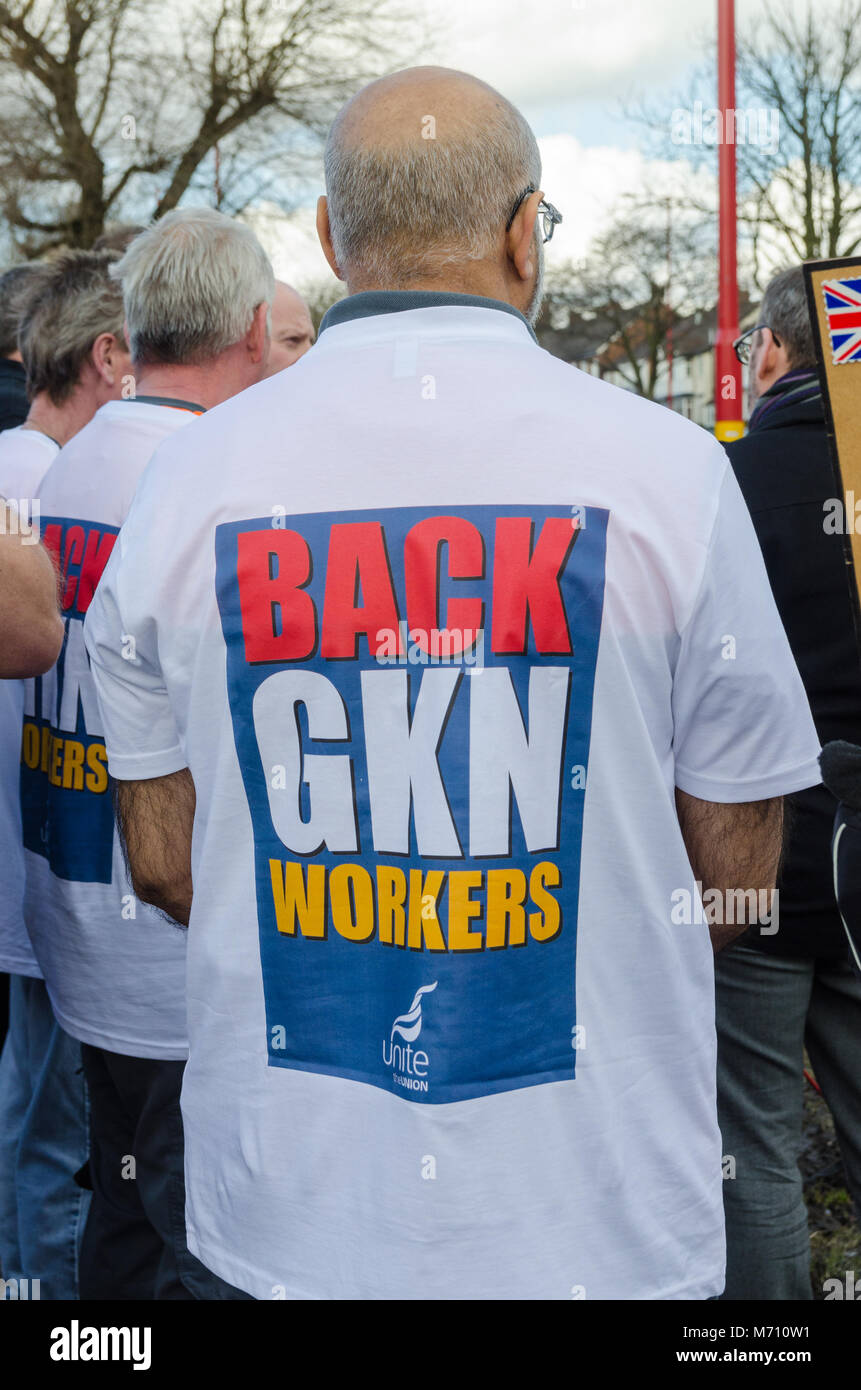 Birmingham, Regno Unito. Il 7 marzo 2018. Protesta contro il progetto di acquisizione di British azienda automobilistica GKN dal Melrose International al di fuori della trasmissione di GKN nella factory di Erdington, Birmingham. Foto Stock
