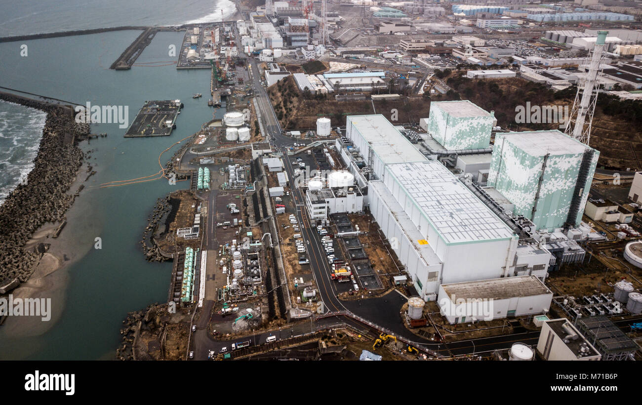 FUKUSHIMA, Giappone - 8 marzo: una foto aerea della Tokyo Electric Co di potenza (TEPCO)'S Fukushima Daiichi centrale nucleare è visto il 8 marzo 2018 in Okuma, Fukushima, Giappone. Credito: Richard Atrero de Guzman/AFLO/Alamy Live News Foto Stock