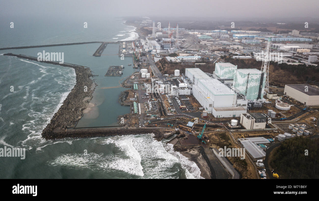 FUKUSHIMA, Giappone - 8 marzo: una foto aerea della Tokyo Electric Co di potenza (TEPCO)'S Fukushima Daiichi centrale nucleare è visto il 8 marzo 2018 in Okuma, Fukushima, Giappone. Credito: Richard Atrero de Guzman/AFLO/Alamy Live News Foto Stock