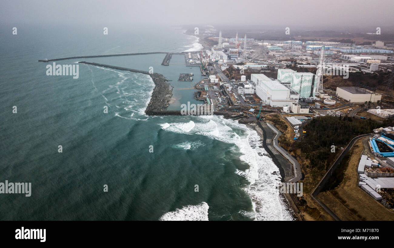 FUKUSHIMA, Giappone - 8 marzo: una foto aerea della Tokyo Electric Co di potenza (TEPCO)'S Fukushima Daiichi centrale nucleare è visto il 8 marzo 2018 in Okuma, Fukushima, Giappone. Credito: Richard Atrero de Guzman/AFLO/Alamy Live News Foto Stock