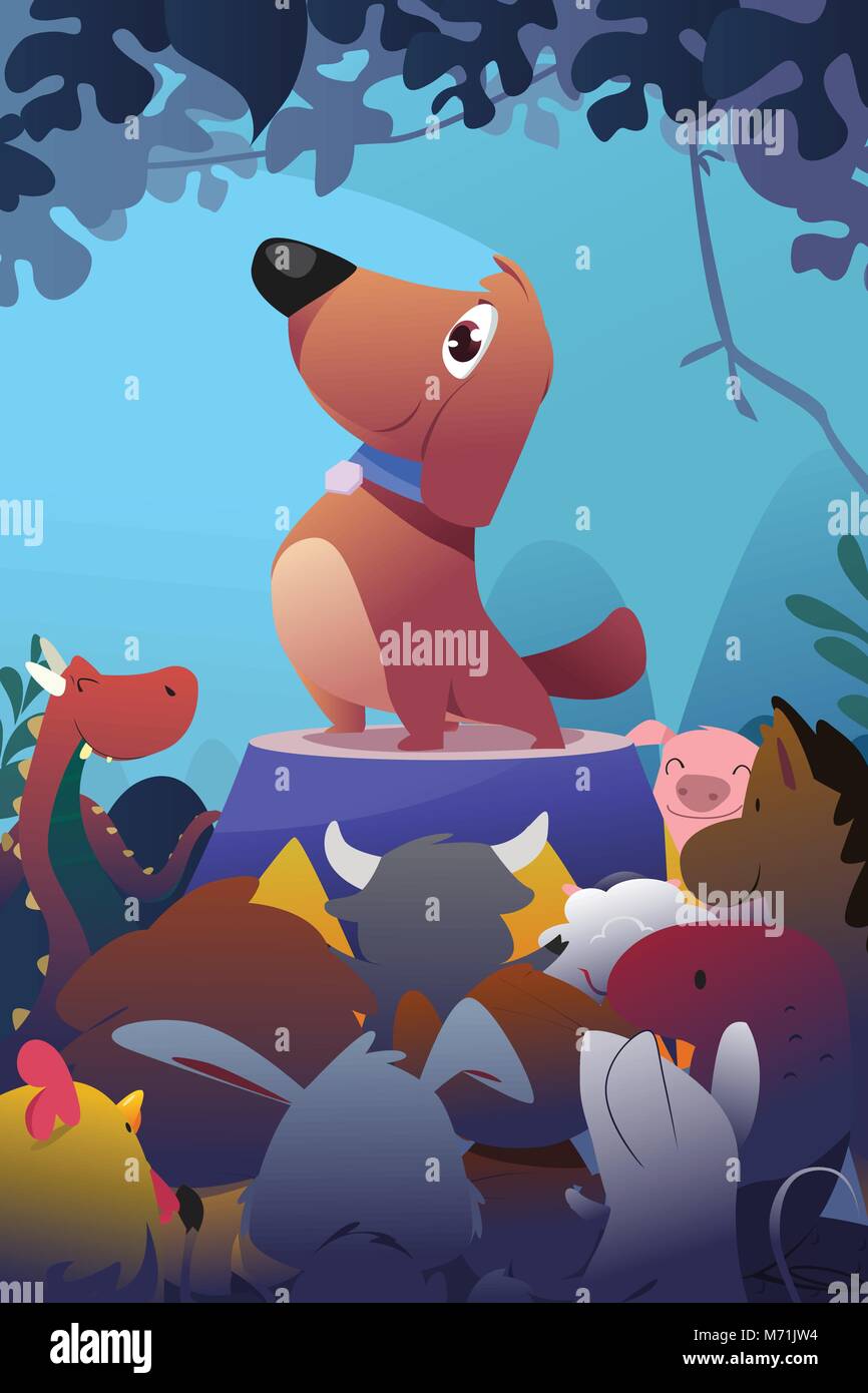 Una illustrazione vettoriale di Happy dog con altri animali Illustrazione Vettoriale
