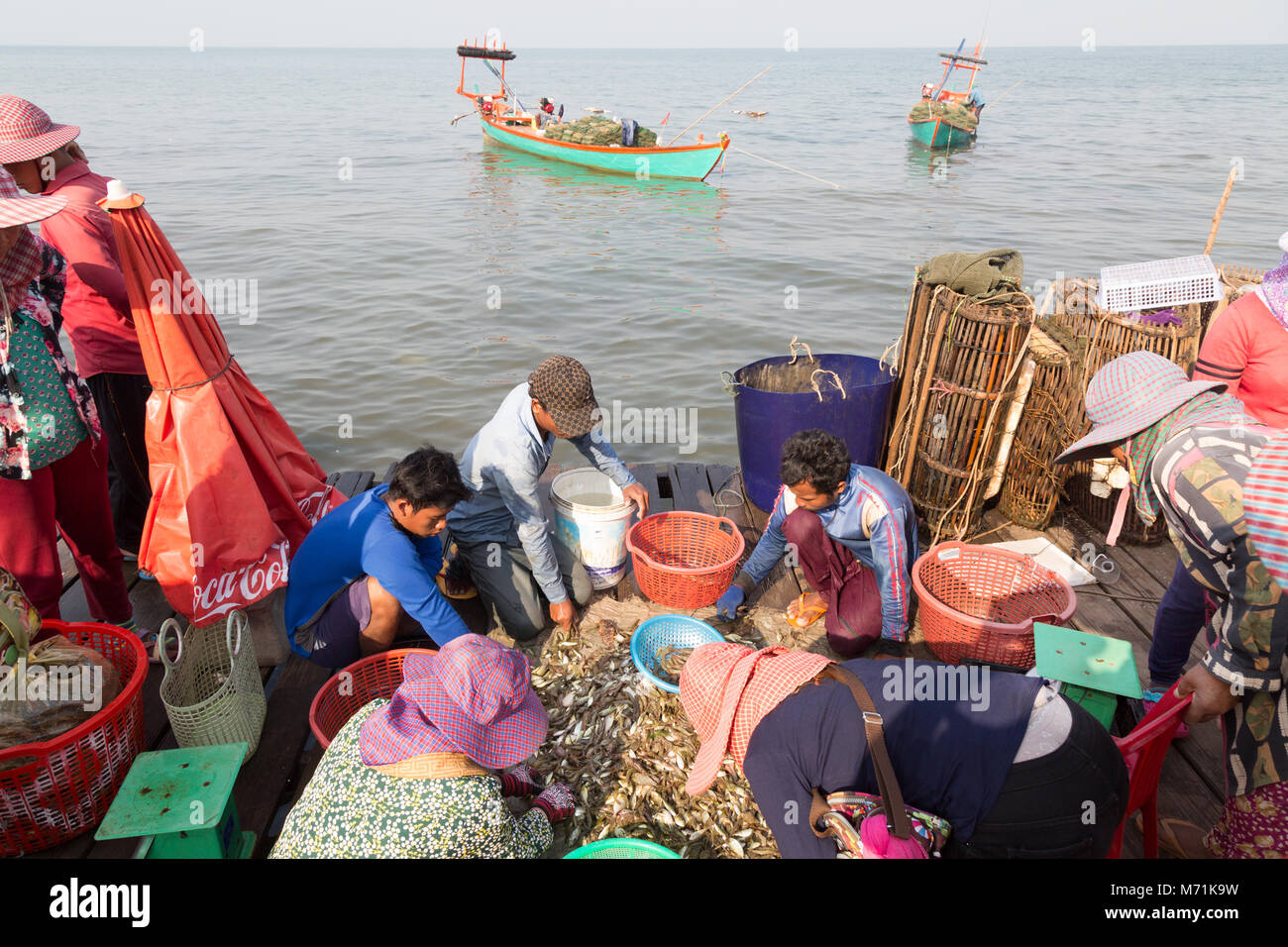 Kep Cambogia - Crab pescatori portando la cattura di granchio al mercato per lo smistamento e la vendita da parte delle donne sul molo, Kep mercato di granchio, Cambogia, Asia Foto Stock