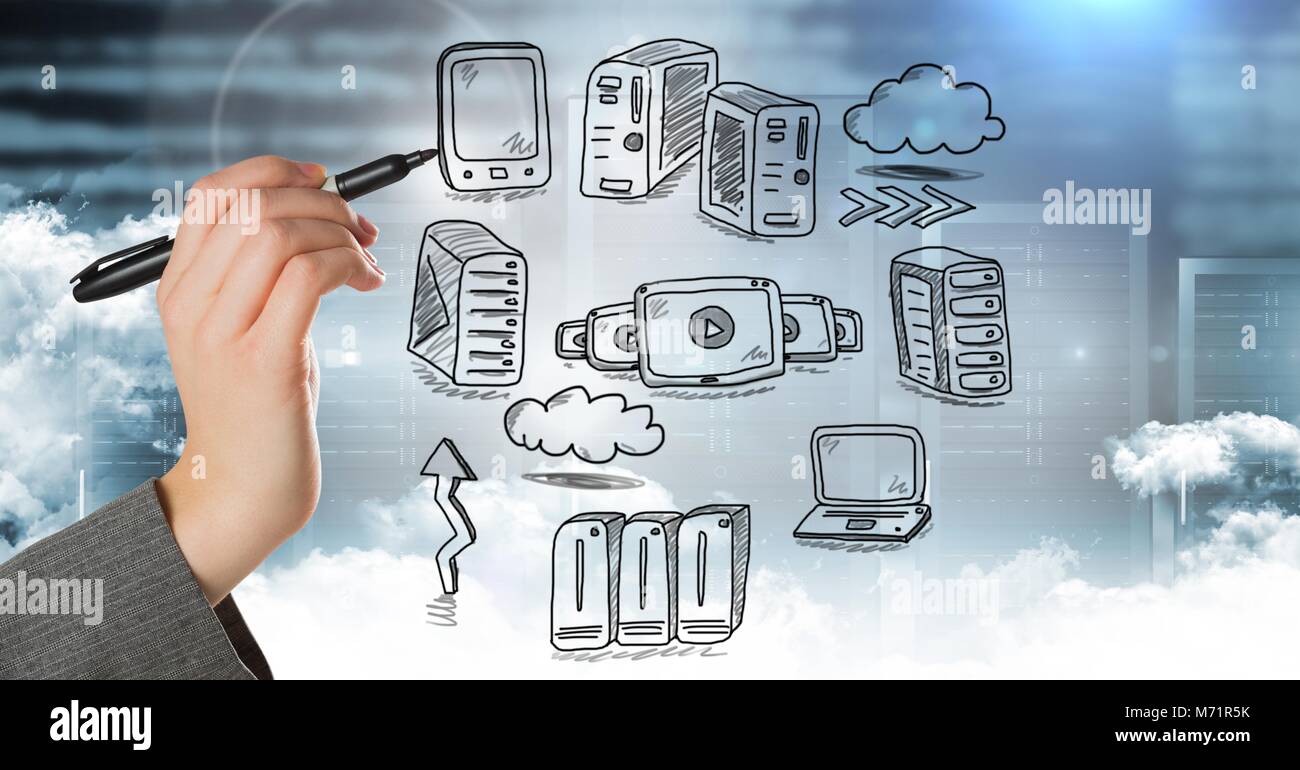 Rete di server doodle essendo disegnato da imprenditore il lato Foto Stock
