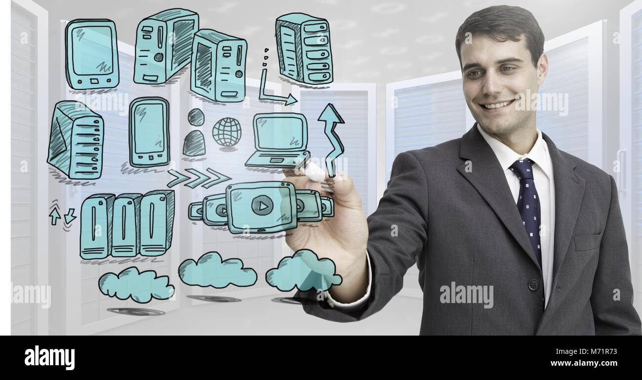 Rete di server doodle essendo disegnato da imprenditore il lato Foto Stock