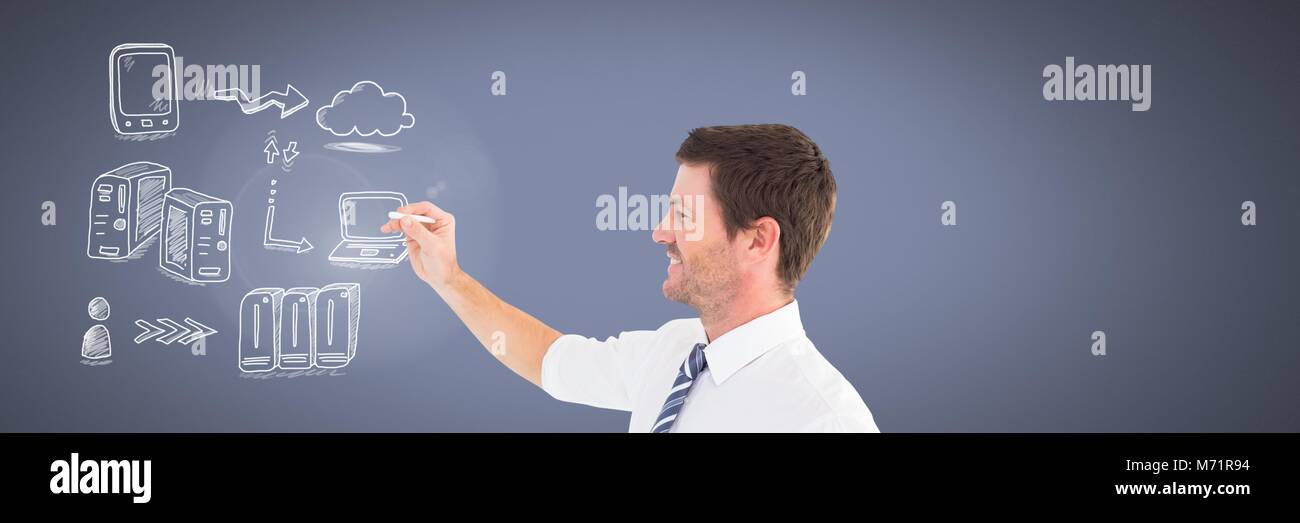 Rete di server doodle essendo disegnato da imprenditore il lato Foto Stock