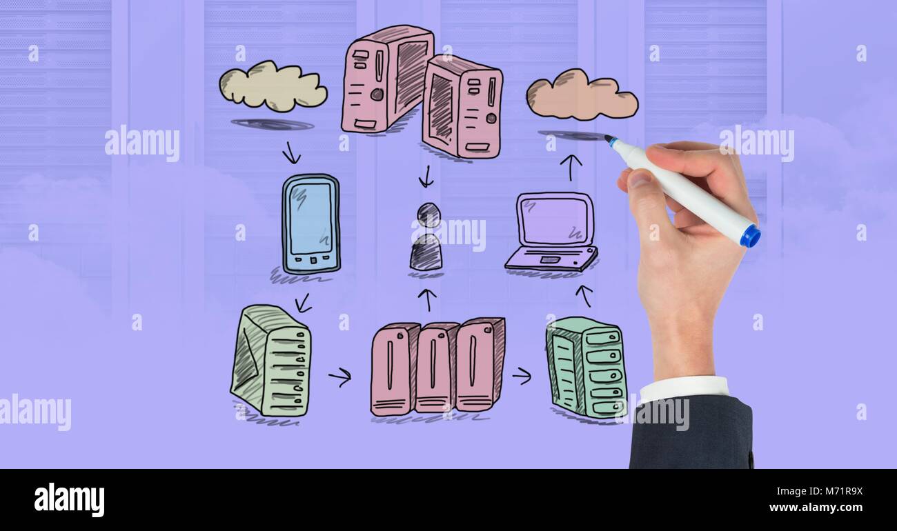 Rete di server doodle essendo disegnato a mano Foto Stock