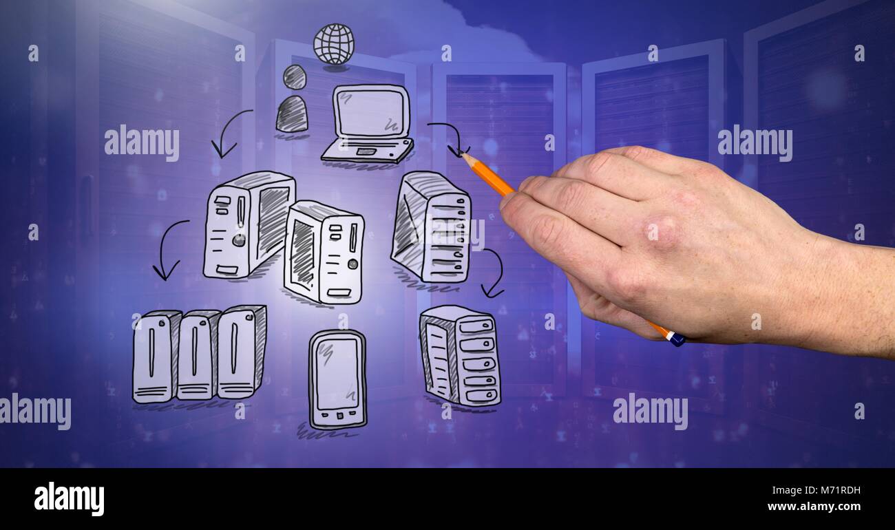 Rete di server doodle essendo disegnato a mano Foto Stock