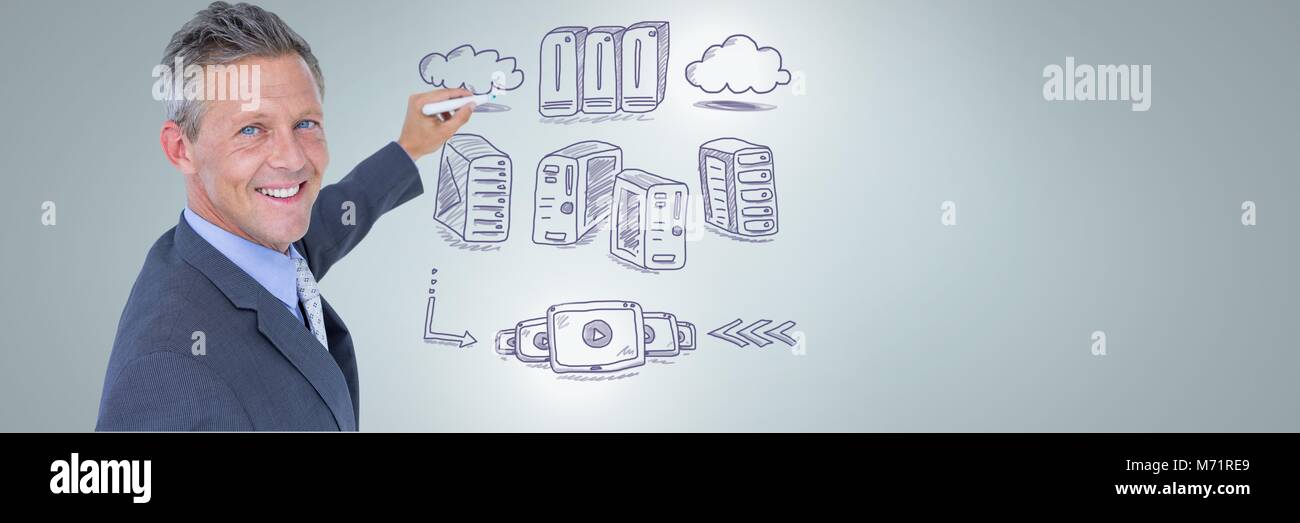 Rete di server doodle essendo disegnato da imprenditore il lato Foto Stock