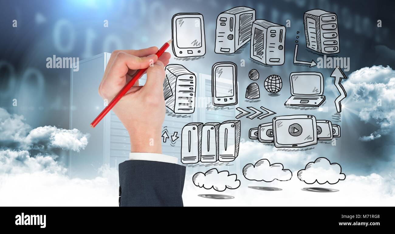 Rete di server doodle essendo disegnato a mano Foto Stock