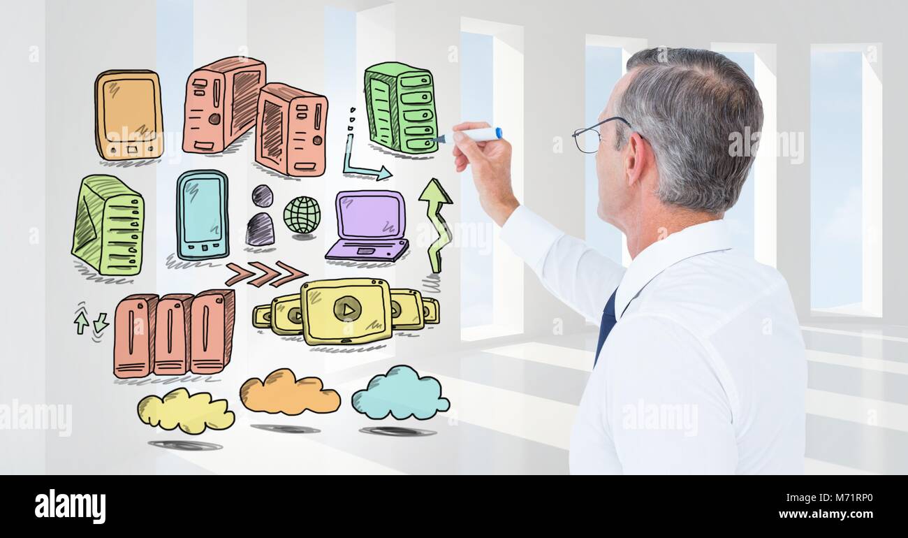 Rete di server doodle essendo disegnato da imprenditore il lato Foto Stock