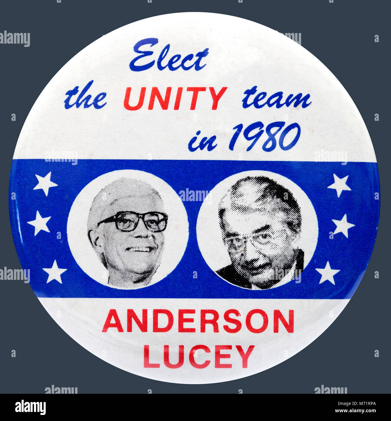 Un 1980 Stati Uniti campagna presidenziale badge pulsante per il partito di unità nazionale candidati John Anderson e Patrick Lucey Foto Stock