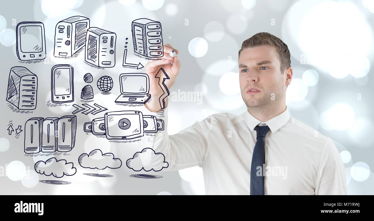Rete di server doodle essendo disegnato da imprenditore il lato Foto Stock