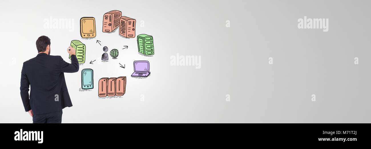 Rete di server doodle essendo disegnato da imprenditore il lato Foto Stock