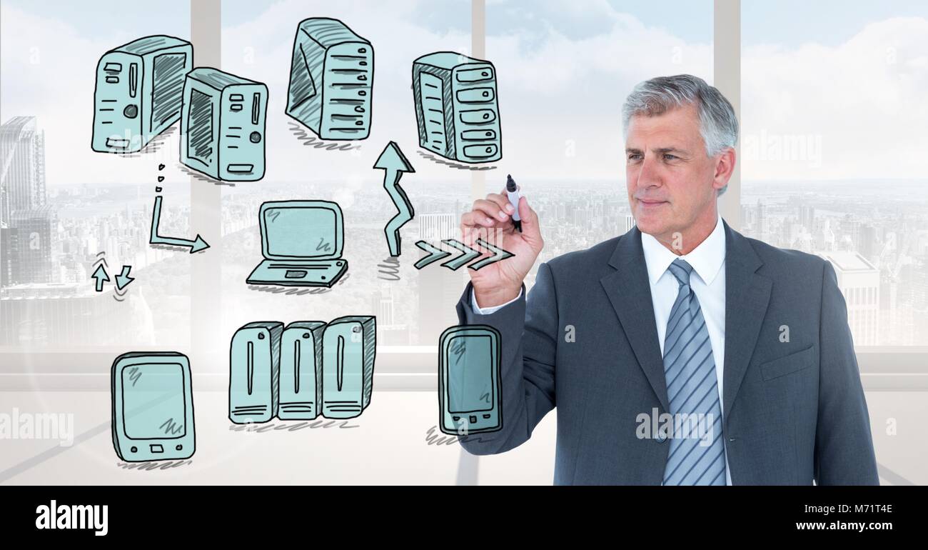 Rete di server doodle essendo disegnato da imprenditore il lato Foto Stock