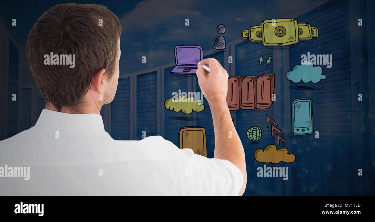 Rete di server doodle essendo disegnato da imprenditore il lato Foto Stock