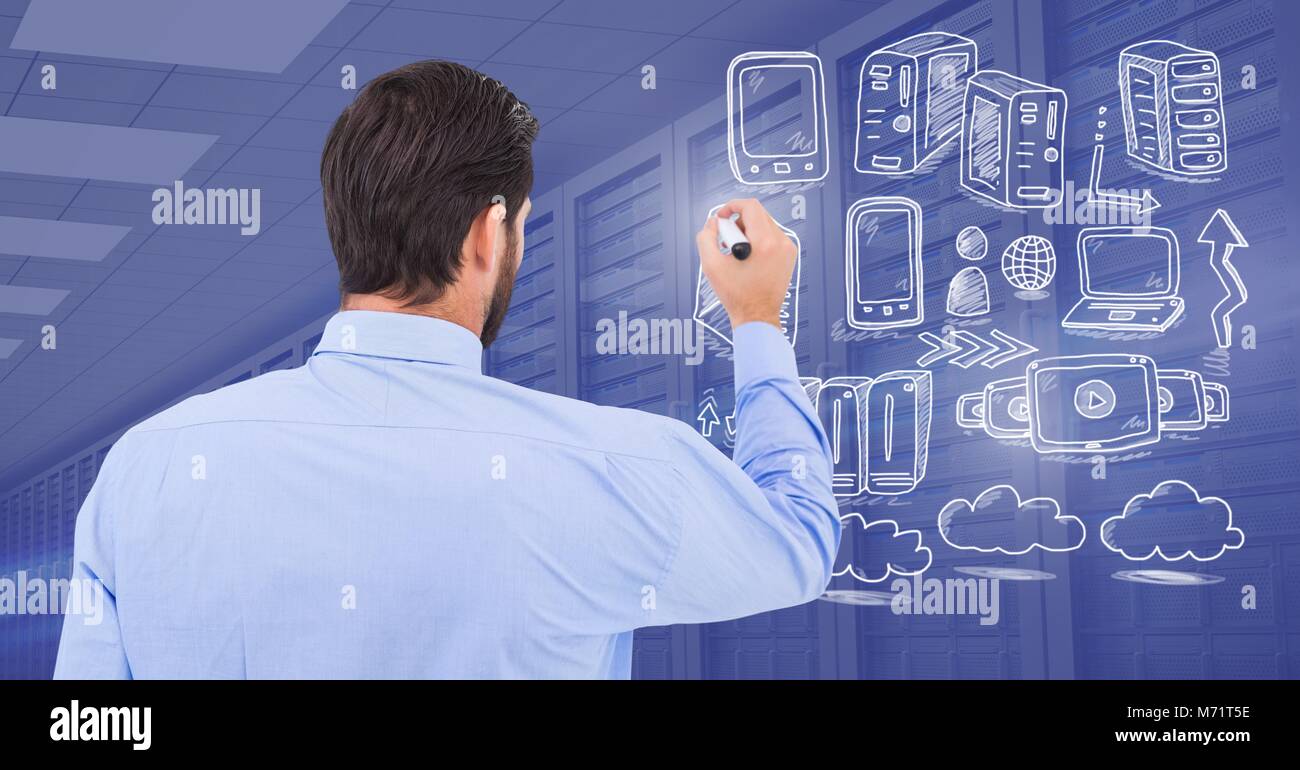 Rete di server doodle essendo disegnato da imprenditore il lato Foto Stock