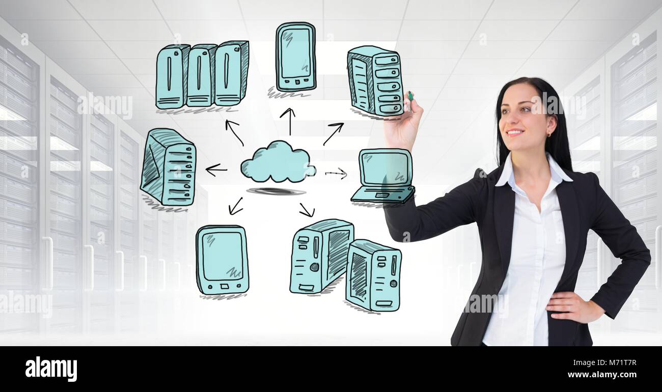 Rete di server doodle essendo disegnato da imprenditrice la mano Foto Stock