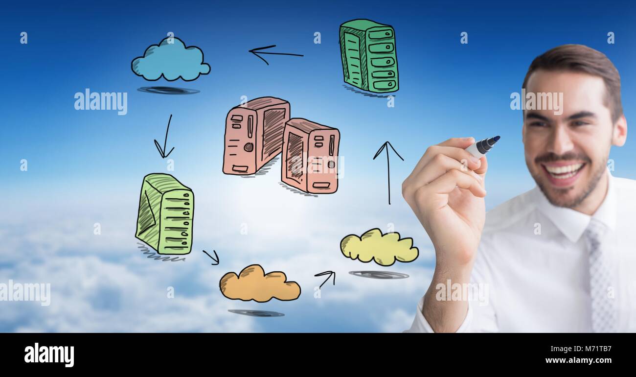 Rete di server doodle essendo disegnato da imprenditore il lato Foto Stock