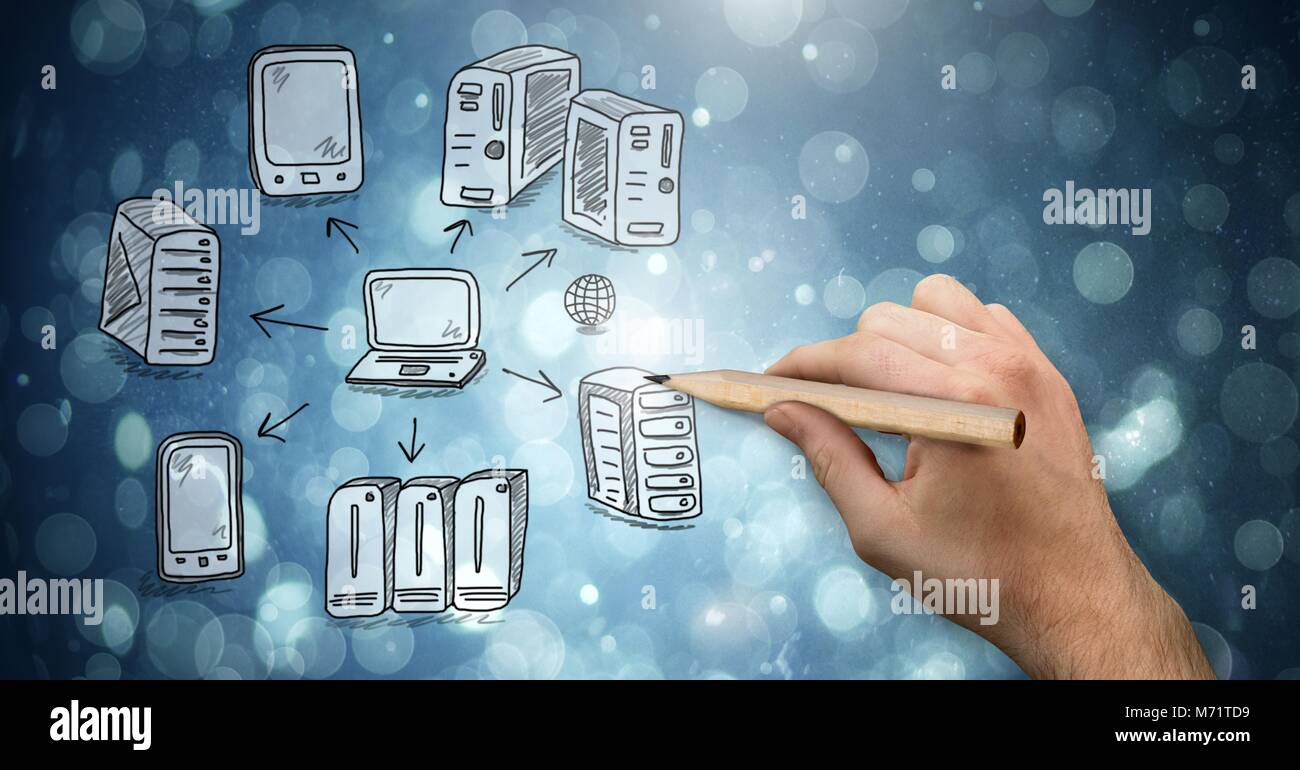 Rete di server doodle essendo disegnato a mano Foto Stock