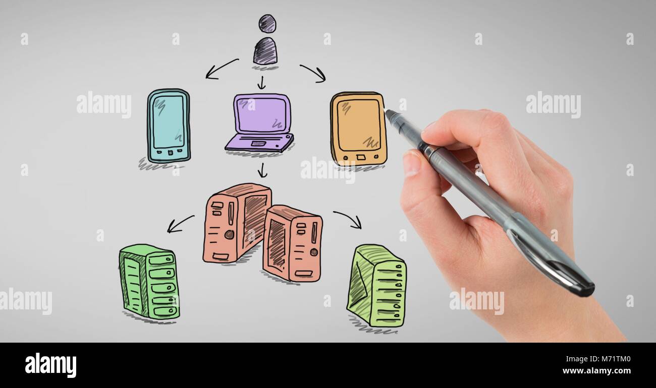 Rete di server doodle essendo disegnato a mano Foto Stock