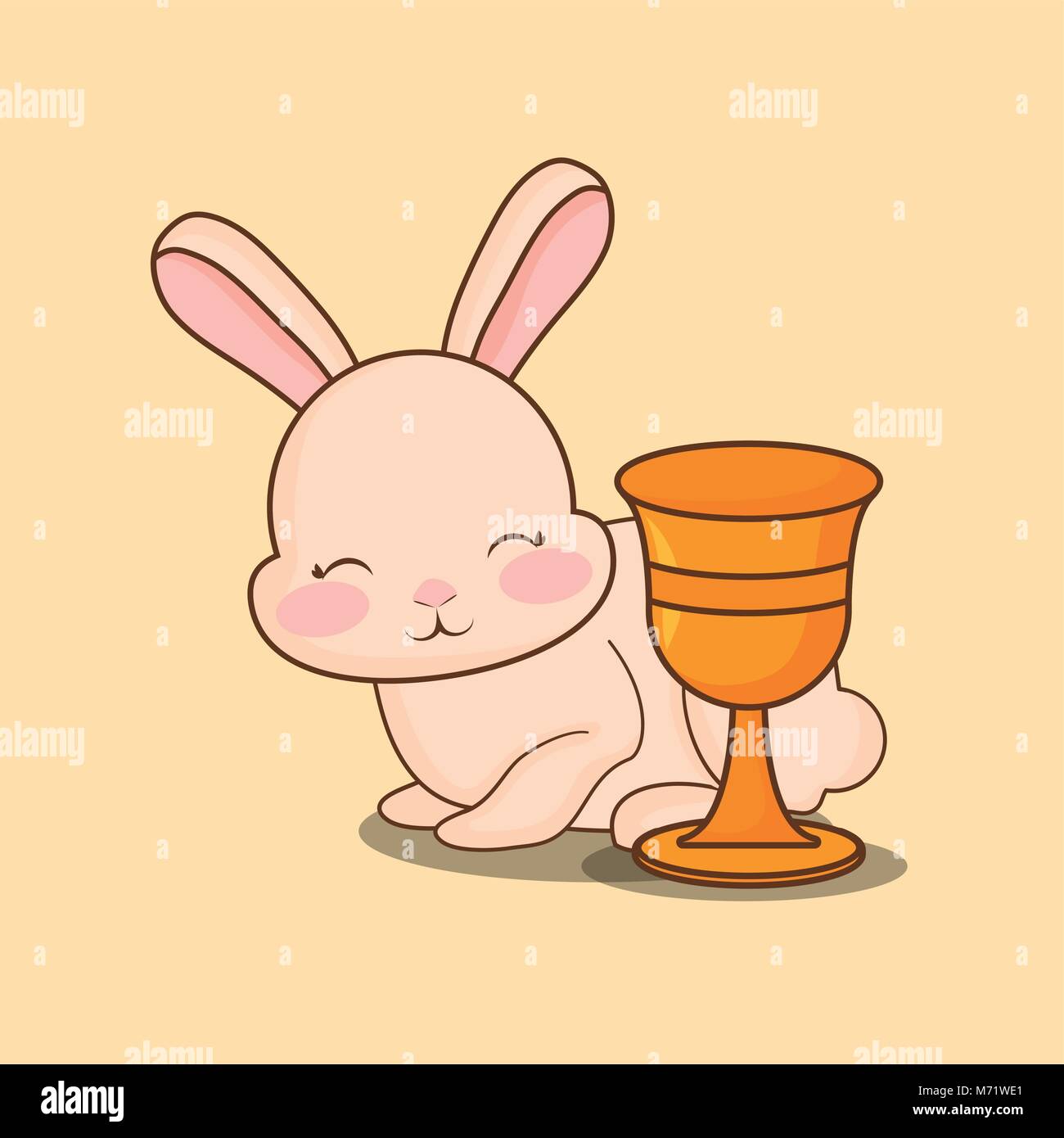 Felice Pasqua design con cute bunny e santo Graal su sfondo arancione, design colorato illustrazione vettoriale Illustrazione Vettoriale
