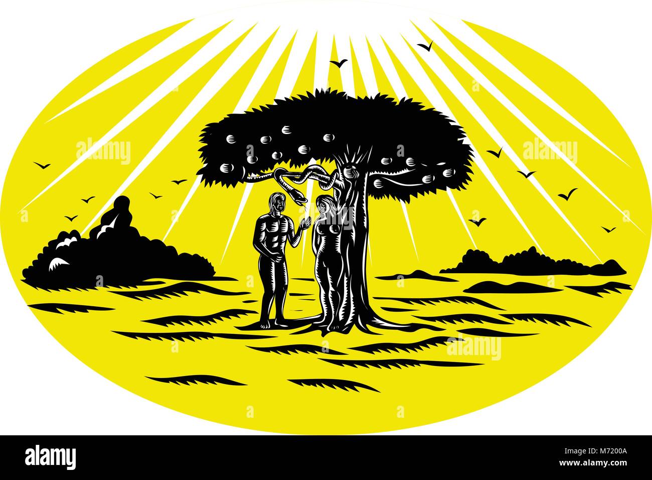 Albero Genealogico Di Adamo Ed Eva Retrò stile xilografia illustrazione di Adamo ed Eva in piedi da apple