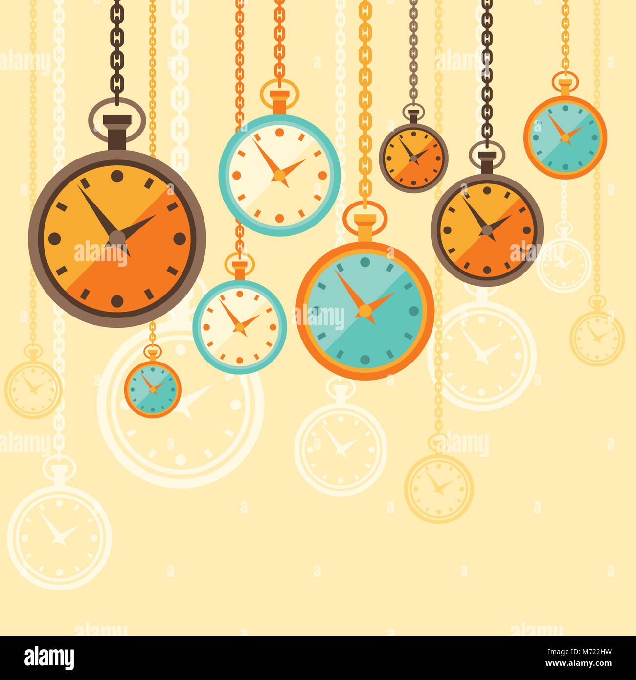 Sfondo con orologi rétro in stile piatto Illustrazione Vettoriale