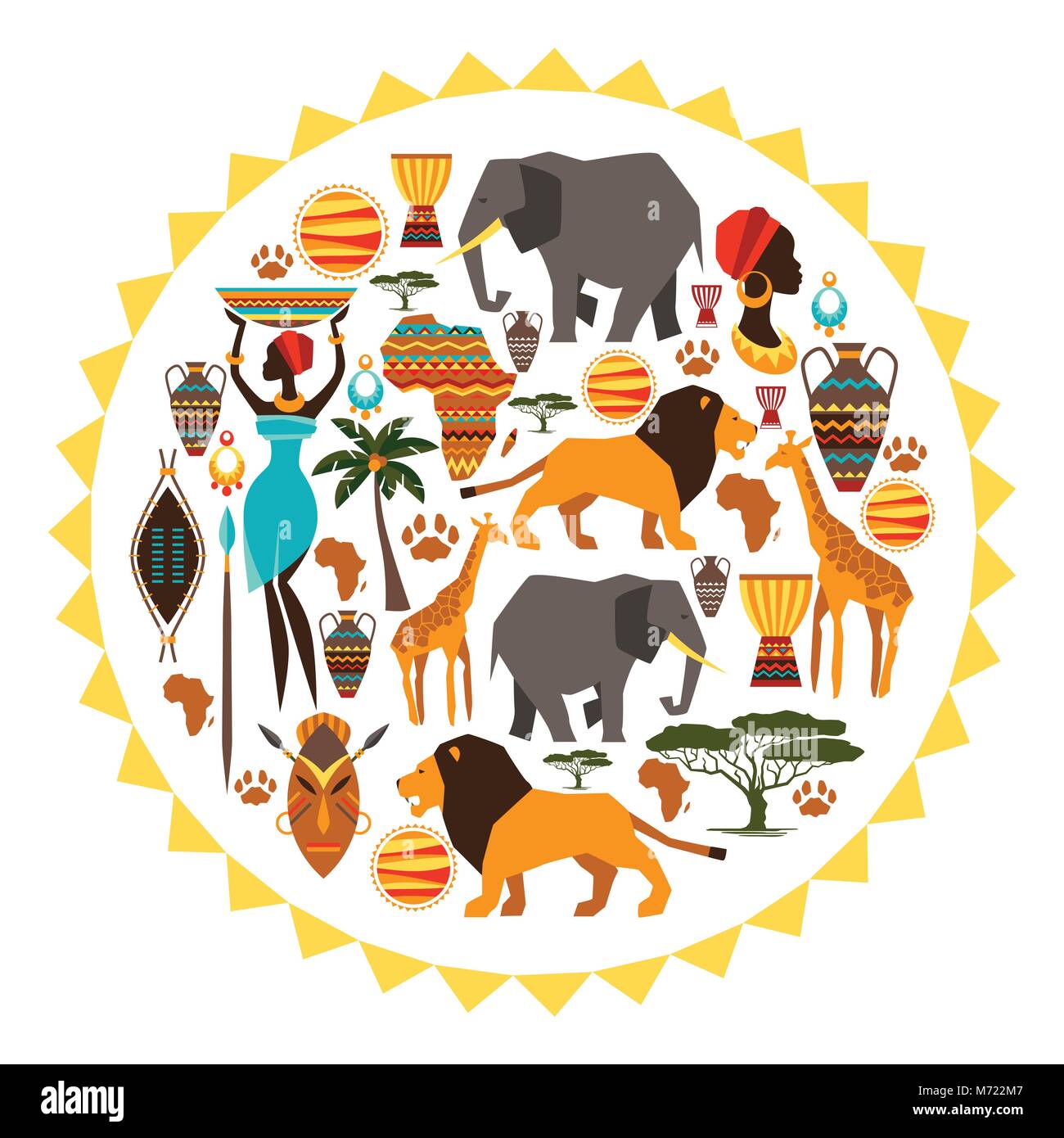 African etnica in forma di sole icone stilizzate Illustrazione Vettoriale