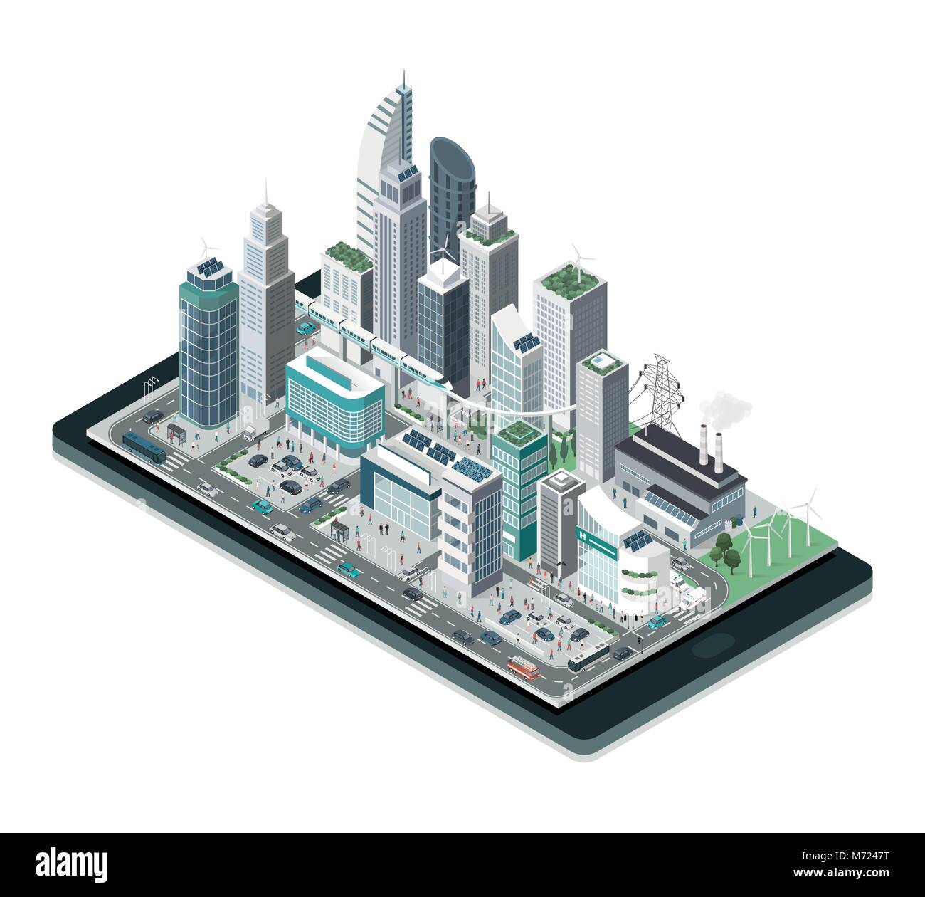 Smart city, realtà aumentata e tecnologia il concetto: la metropoli con grattacieli e persone su uno smartphone Illustrazione Vettoriale