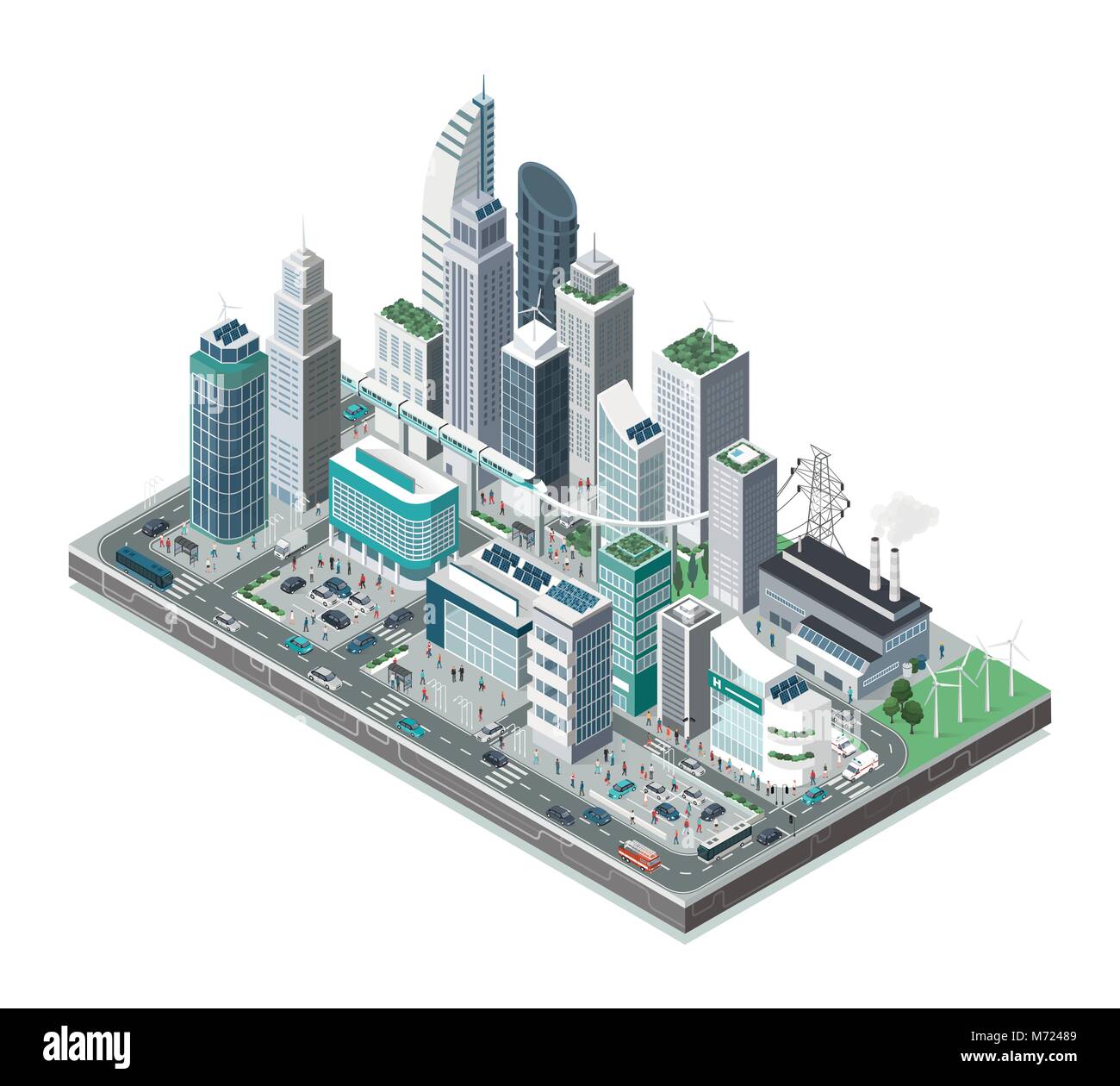 Smart city con grattacieli, persone e trasporto su sfondo bianco, innovazione e tecnologia urban concept Illustrazione Vettoriale