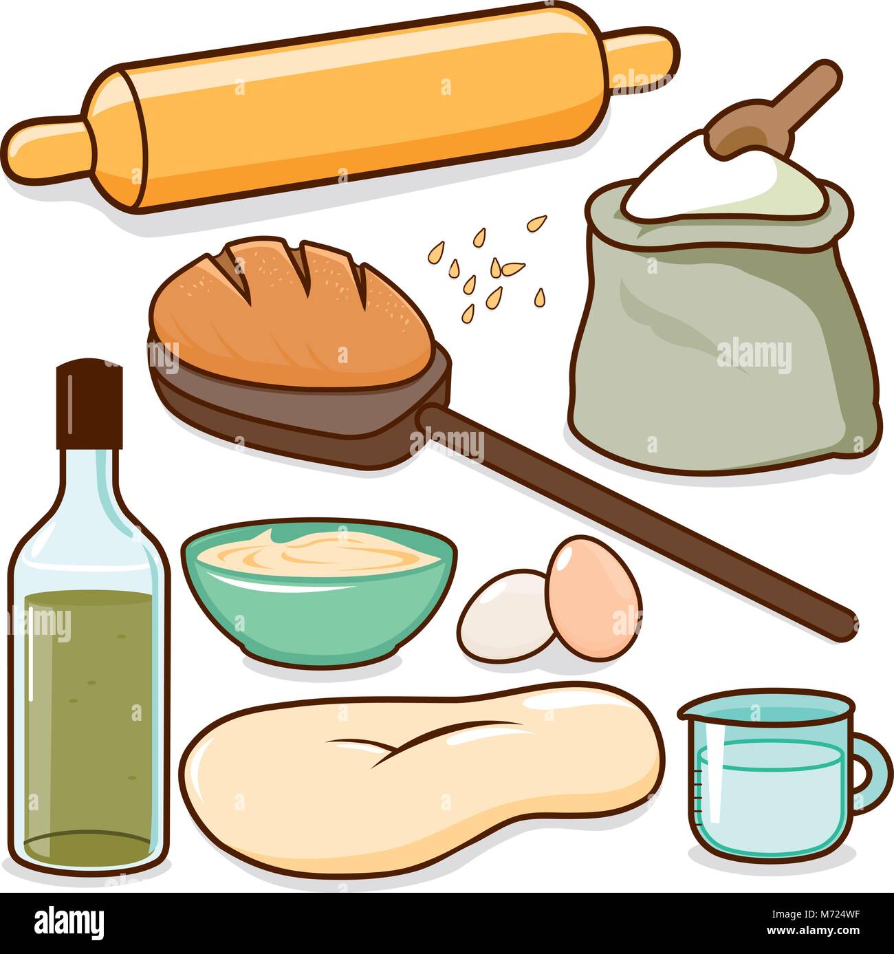 La cottura del pane ingredienti comprendente un perno di laminazione, impasto di farina e uova. Illustrazione Vettoriale Illustrazione Vettoriale