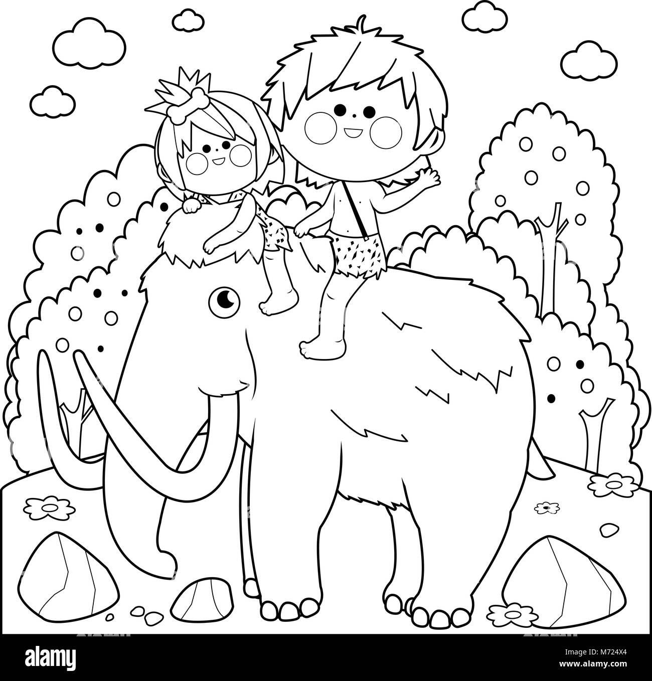 Paesaggio preistorico con bambini a cavallo di un mammut. In bianco e nero la colorazione di pagina del libro Illustrazione Vettoriale
