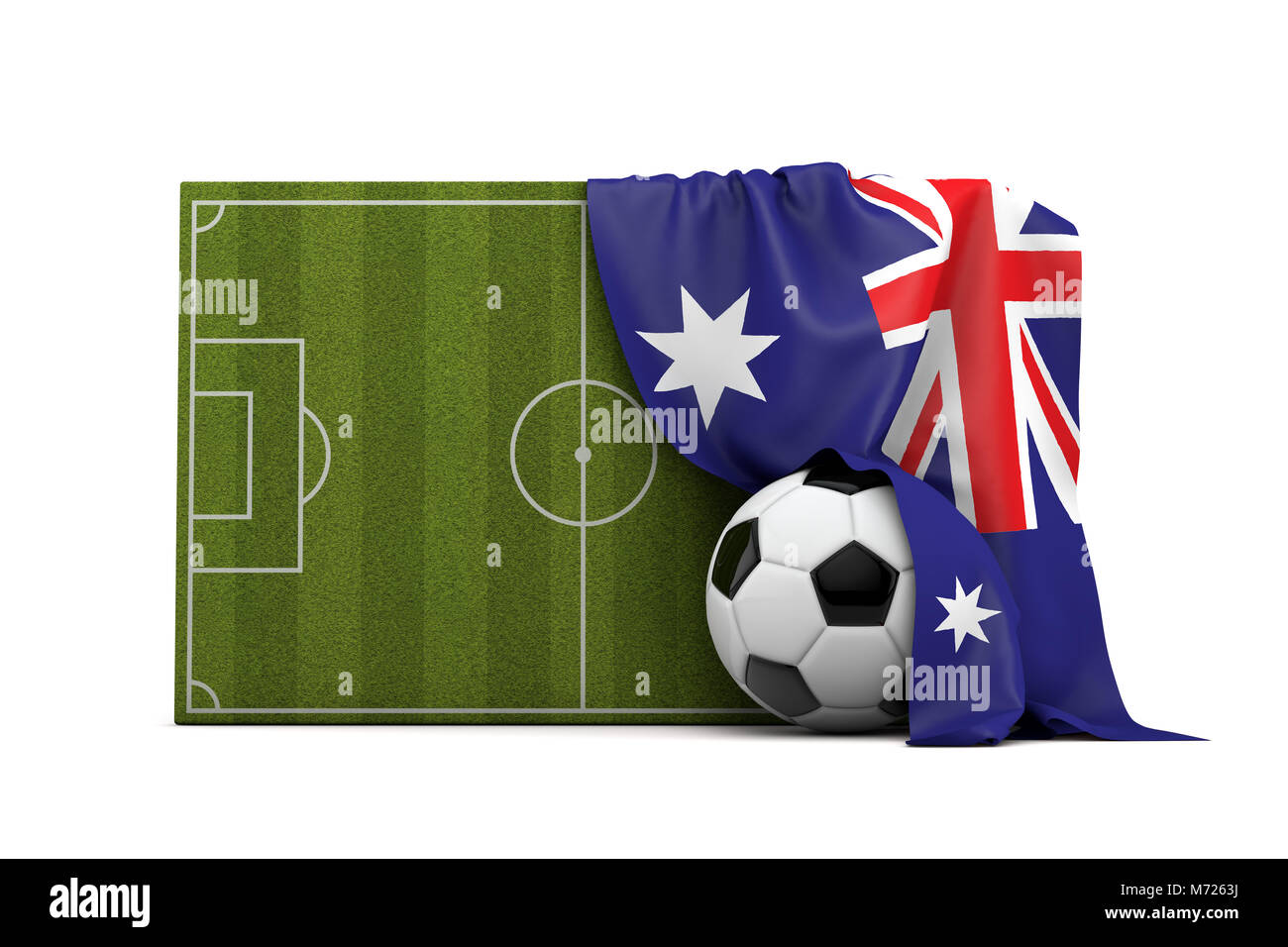 Paese Australia bandiera avvolta su una partita di football soccer pitch e la sfera. Il rendering 3D Foto Stock