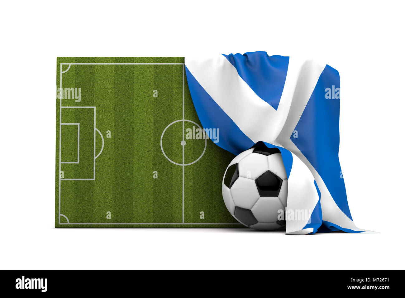 Scozia bandiera del paese avvolto su una partita di football soccer pitch e la sfera. Il rendering 3D Foto Stock
