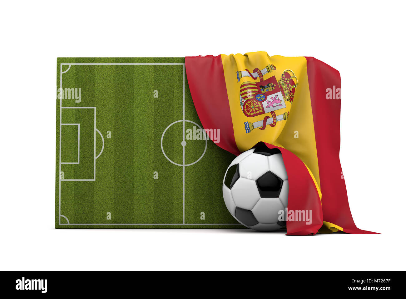Spagna paese bandiera avvolta su una partita di football soccer pitch e la sfera. Il rendering 3D Foto Stock